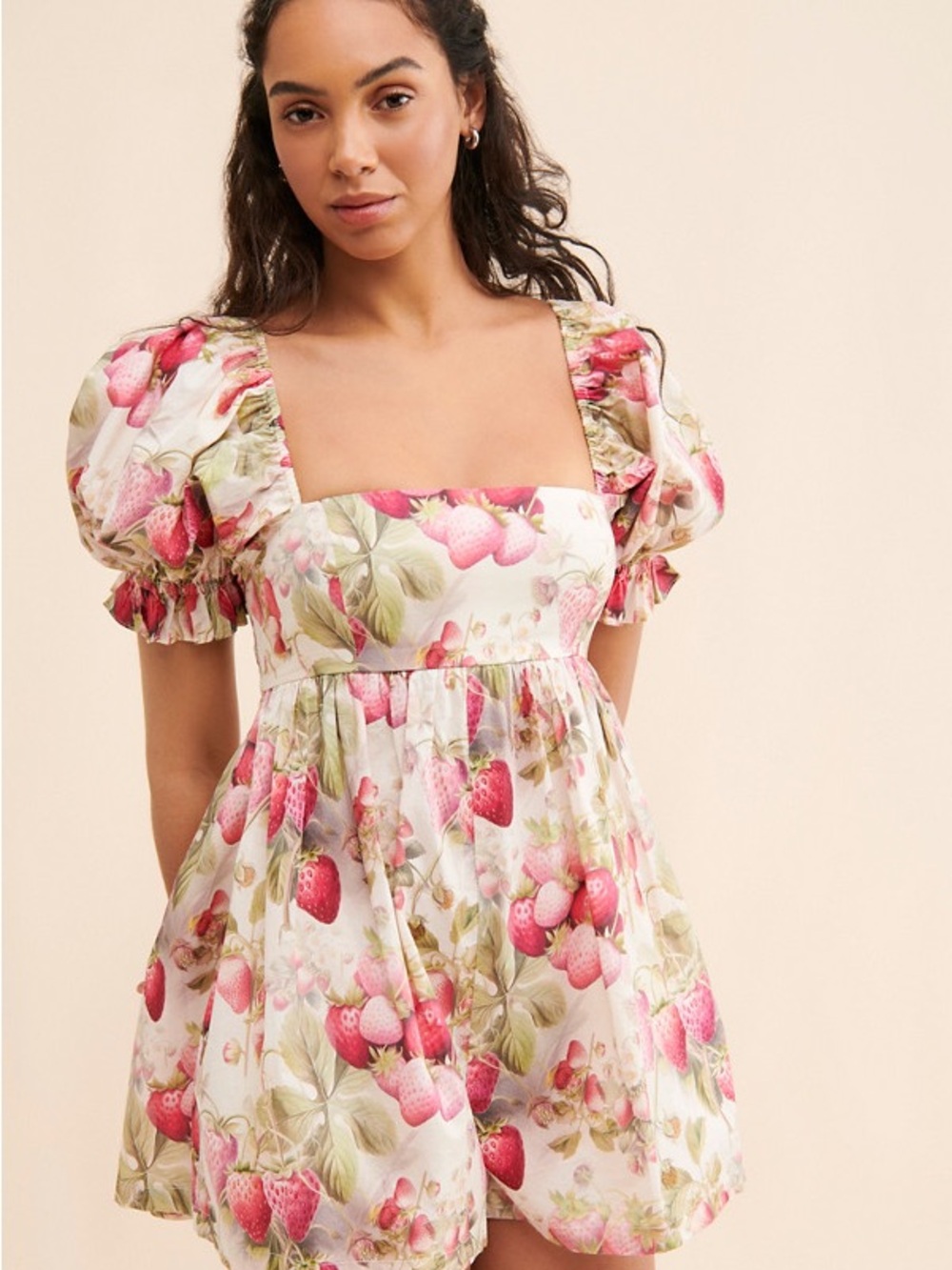 Selkie The Hamptons Strawberry Puff-Sleeve Romper - Pink & White
